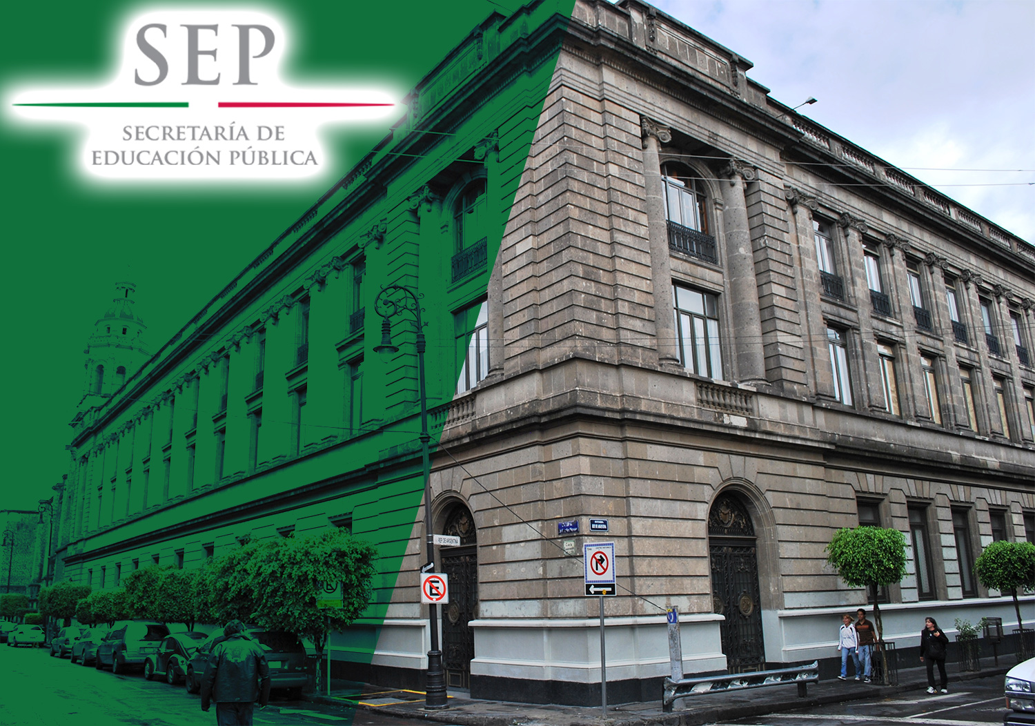 Imagen del edificio de la Secretaría de Educación Pública (SEP) en México, con el logo de la institución en la parte superior, mostrando una estructura arquitectónica clásica y algunos peatones caminando por la acera. Portada de la página de web librosdelasep.mx