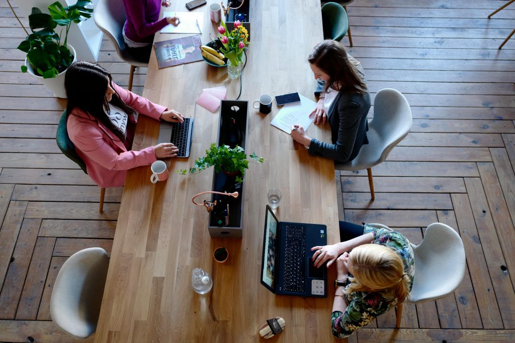 Personas trabajando en una oficina colaborativa, compartiendo una mesa de madera con laptops, documentos y plantas decorativas en el centro.