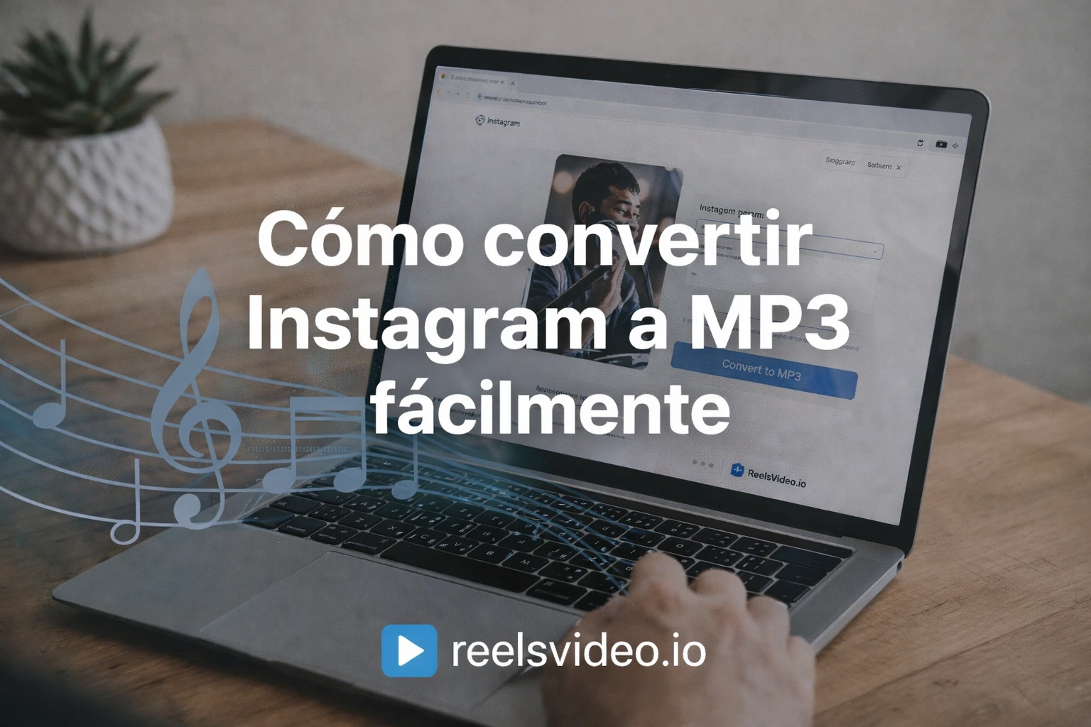 ordenador portátil mostrando una herramienta online para convertir vídeos de Instagram a MP3 mientras un usuario introduce el enlace del contenido
