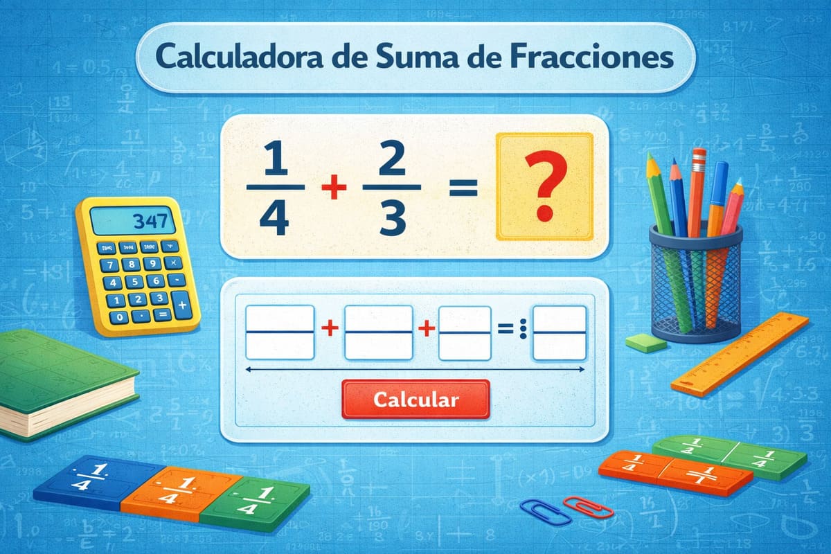 Calculadora de suma de fracciones con ejemplo de operación entre dos fracciones y resultado